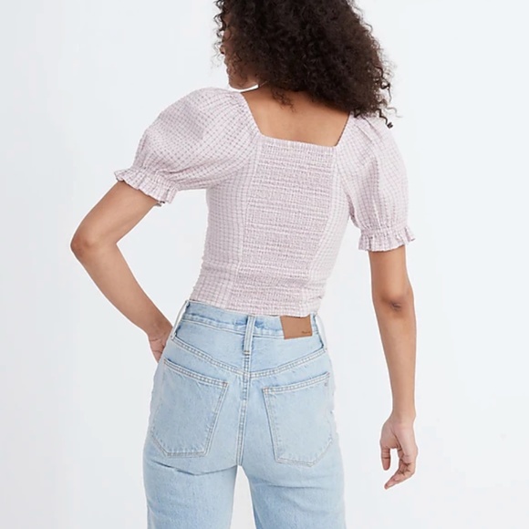 Madewell SEERSUCKER HOPEWELL PUFF-SLEEVE CROP TOP IN PLAID Lilac Purple Smocked - Picture 6 of 6